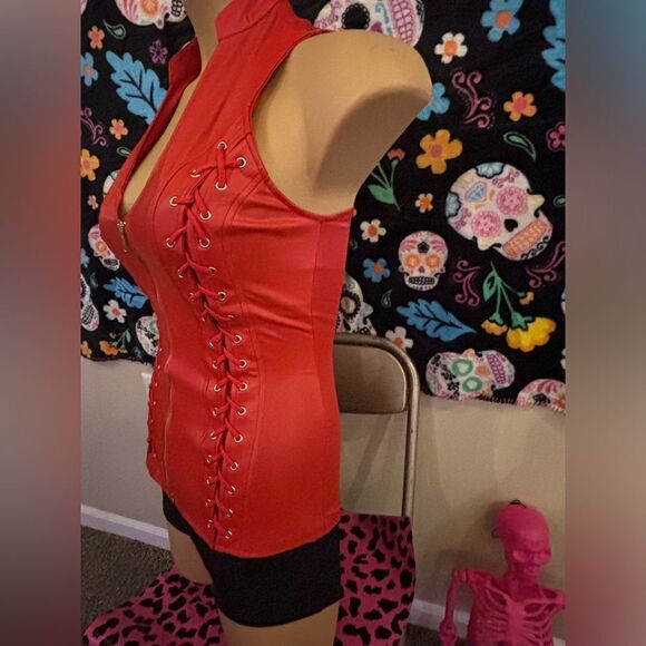 Lydia Lace Up Corset Top in Red - Picture 4 of 5